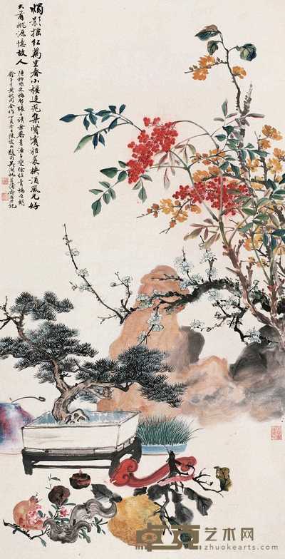 吴湖帆 陆抑非 朱梅邨等 丁亥（1947年）作 清供图 轴 129×66cm